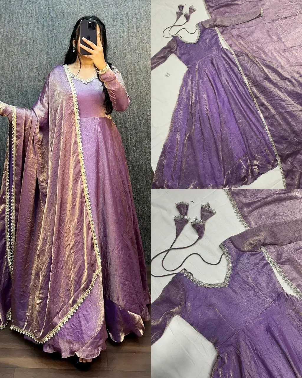 Crushed Silk Shimmer Anarkali Gown with Organza Dupatta | Designer Festive Party Wear Long Kurti - Image 3