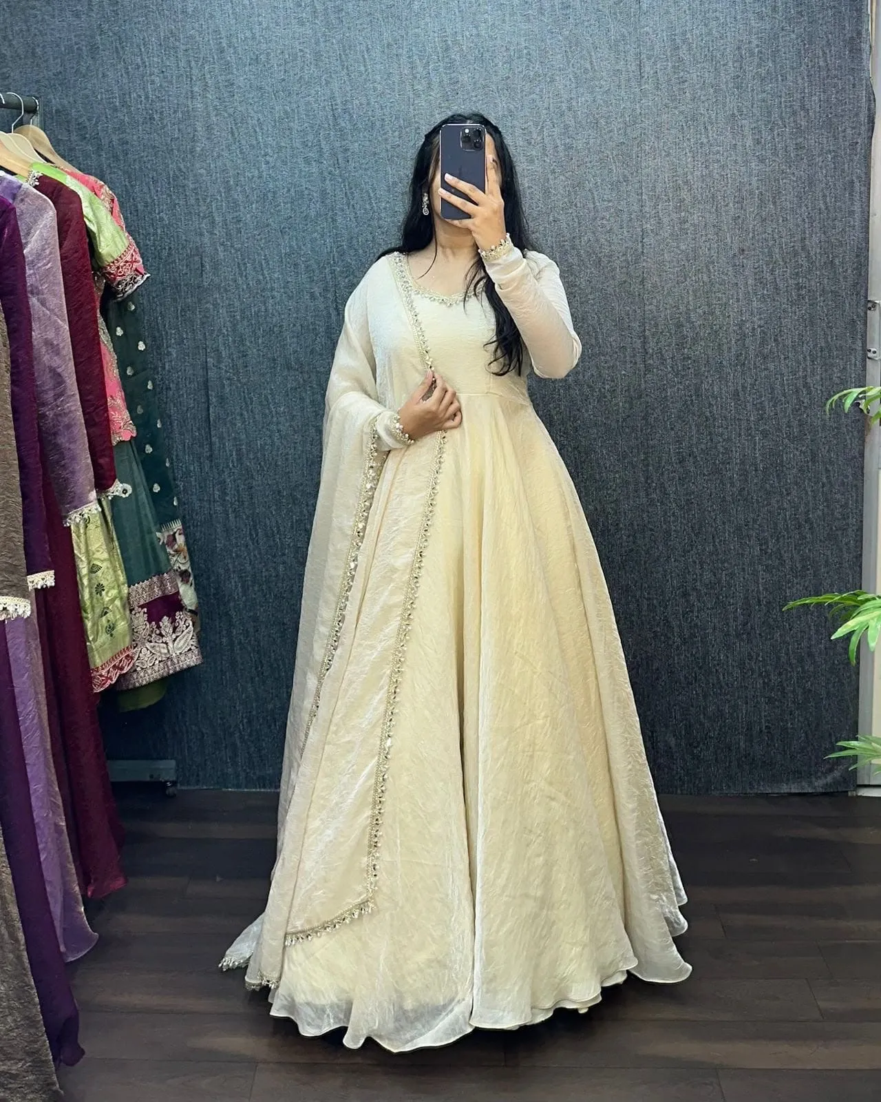 Crushed Silk Shimmer Anarkali Gown with Organza Dupatta | Designer Festive Party Wear Long Kurti - Image 4
