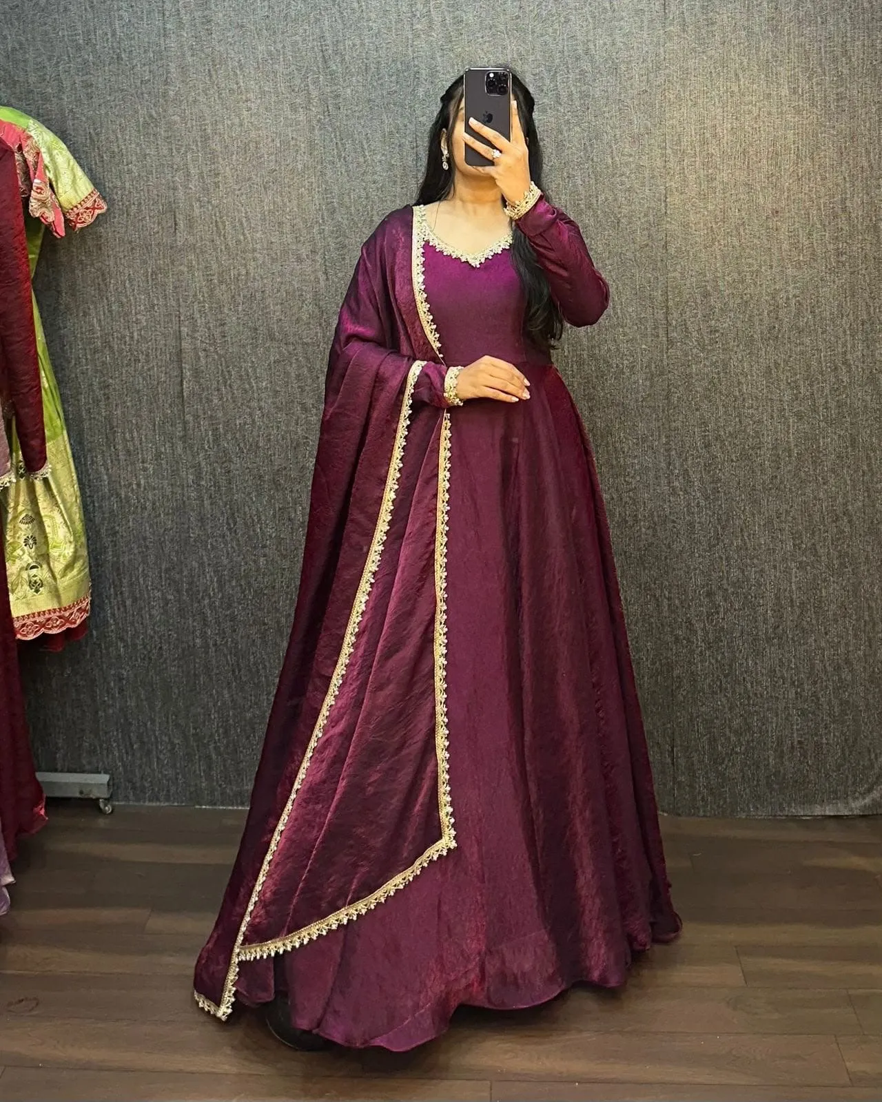 Crushed Silk Shimmer Anarkali Gown with Organza Dupatta | Designer Festive Party Wear Long Kurti - Image 5