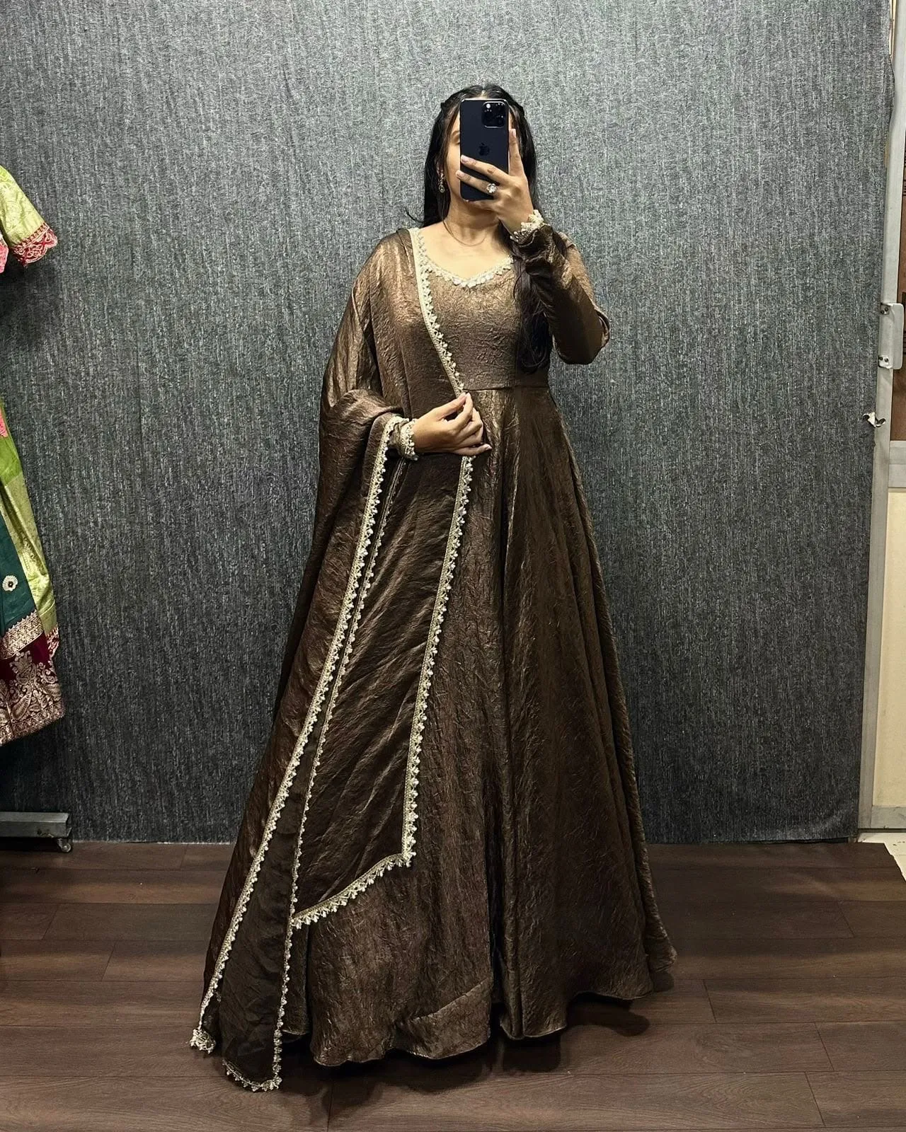 Crushed Silk Shimmer Anarkali Gown with Organza Dupatta | Designer Festive Party Wear Long Kurti - Image 6