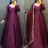 Crushed Silk Shimmer Anarkali Gown with Organza Dupatta | Designer Festive Party Wear Long Kurti - Image 7
