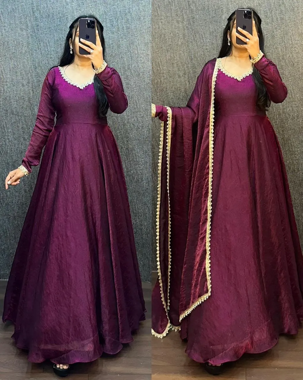 Crushed Silk Shimmer Anarkali Gown with Organza Dupatta | Designer Festive Party Wear Long Kurti - Image 7