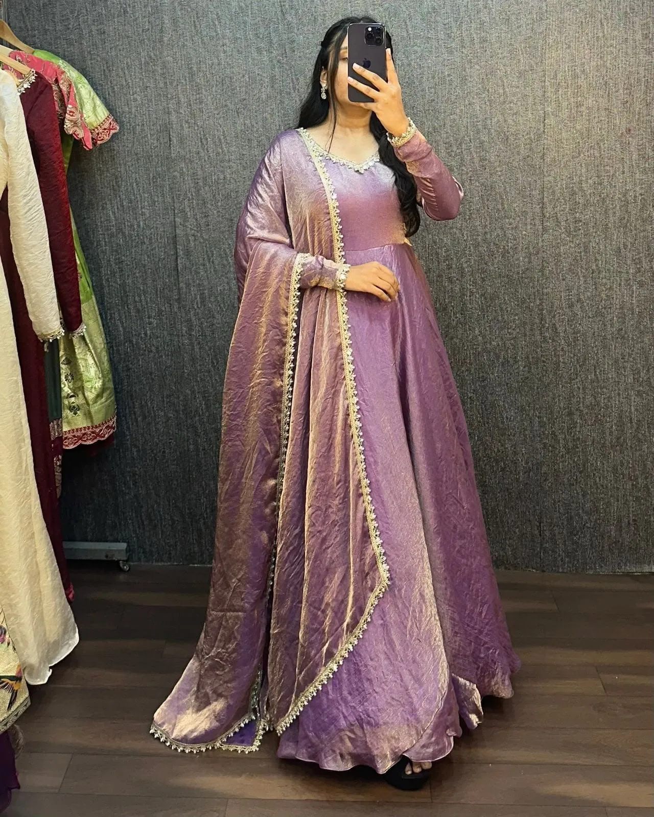 Crushed Silk Shimmer Anarkali Gown with Organza Dupatta | Designer Festive Party Wear Long Kurti - Image 8