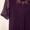 Deep Purple Pleated Georgette Anarkali Gown | Hand Embroidered Mandarin Collar Festive Indo-Western Maxi Dress