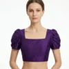 Deep Purple Raw Silk Readymade Blouse with Square Neck & Puff Sleeves - Image 2