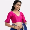 Designer Pleated Bell Sleeve Raw Silk Saree Blouse | Padded V-Neck Readymade Crop Top Choli
