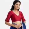 Designer Pleated Bell Sleeve Raw Silk Saree Blouse | Padded V-Neck Readymade Crop Top Choli - Image 2