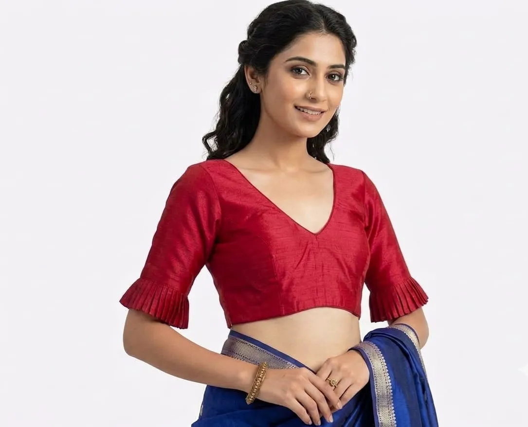Designer Pleated Bell Sleeve Raw Silk Saree Blouse | Padded V-Neck Readymade Crop Top Choli - Image 2