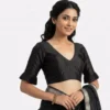 Designer Pleated Bell Sleeve Raw Silk Saree Blouse | Padded V-Neck Readymade Crop Top Choli - Image 3