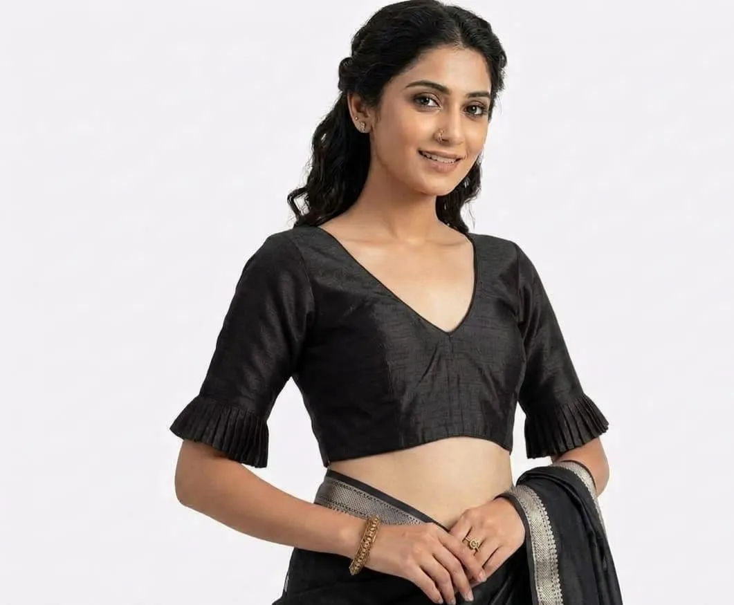 Designer Pleated Bell Sleeve Raw Silk Saree Blouse | Padded V-Neck Readymade Crop Top Choli - Image 3