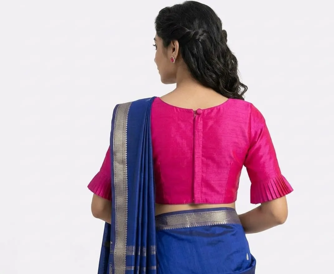 Designer Pleated Bell Sleeve Raw Silk Saree Blouse | Padded V-Neck Readymade Crop Top Choli - Image 4