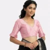 Designer Pleated Bell Sleeve Raw Silk Saree Blouse | Padded V-Neck Readymade Crop Top Choli - Image 5
