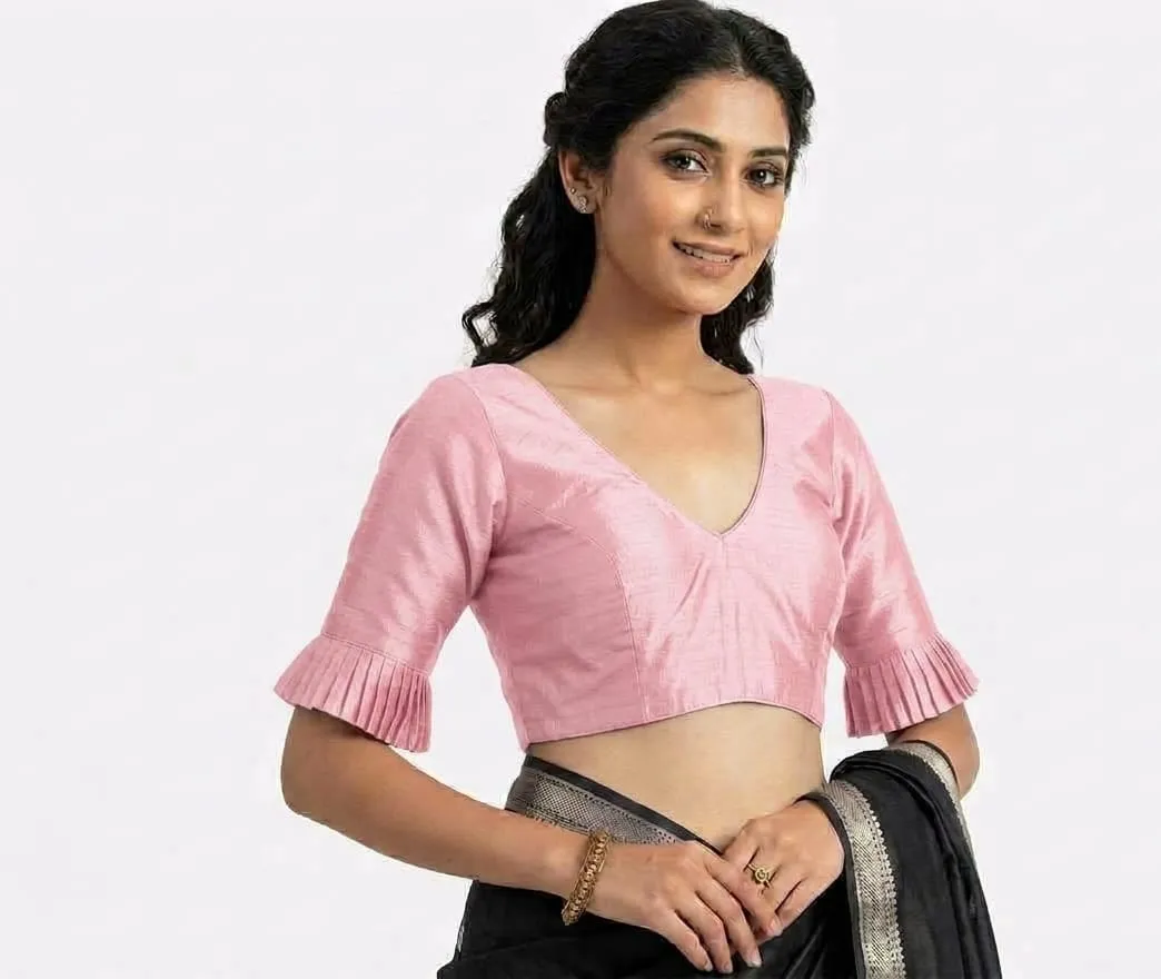 Designer Pleated Bell Sleeve Raw Silk Saree Blouse | Padded V-Neck Readymade Crop Top Choli - Image 5