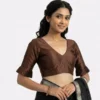 Designer Pleated Bell Sleeve Raw Silk Saree Blouse | Padded V-Neck Readymade Crop Top Choli - Image 6
