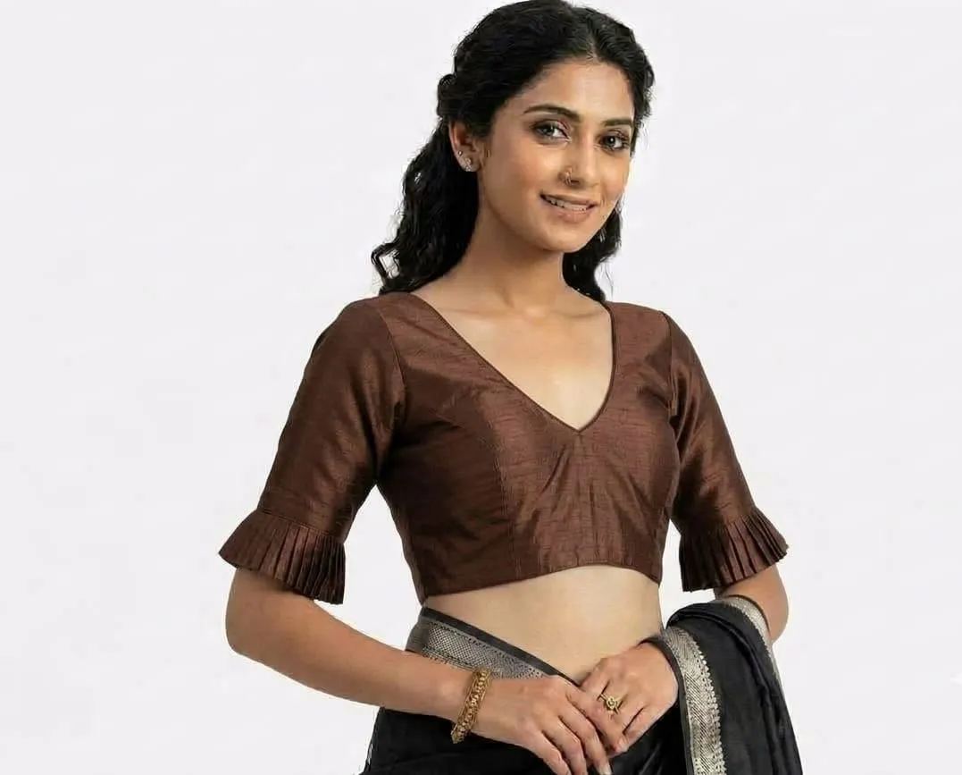 Designer Pleated Bell Sleeve Raw Silk Saree Blouse | Padded V-Neck Readymade Crop Top Choli - Image 6