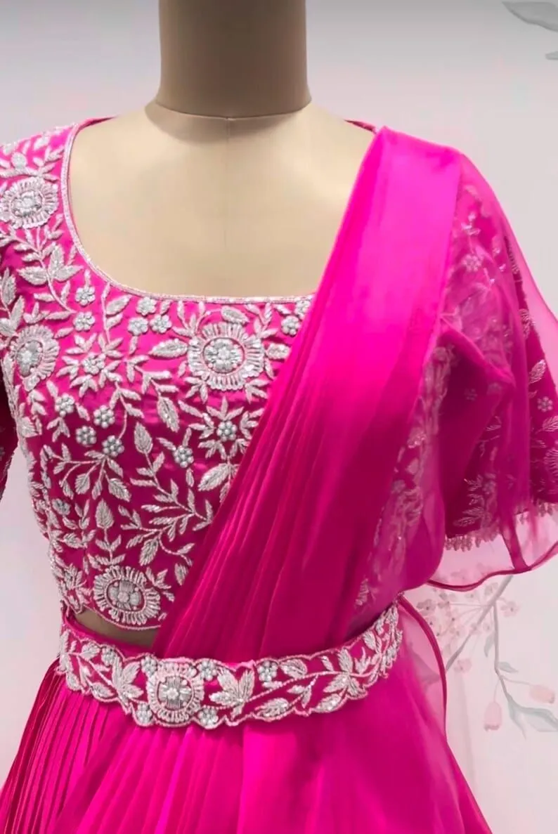 Designer Rani Pink Indo-Western Pleated Drape Saree with Cutwork Sleeves & Embellished Belt | Sangeet Outfit