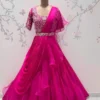 Designer Rani Pink Indo-Western Pleated Drape Saree with Cutwork Sleeves & Embellished Belt | Sangeet Outfit - Image 2