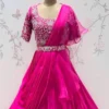 Designer Rani Pink Indo-Western Pleated Drape Saree with Cutwork Sleeves & Embellished Belt | Sangeet Outfit - Image 3