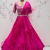 Designer Rani Pink Indo-Western Pleated Drape Saree with Cutwork Sleeves & Embellished Belt | Sangeet Outfit - Image 4
