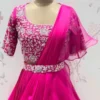 Designer Rani Pink Indo-Western Pleated Drape Saree with Cutwork Sleeves & Embellished Belt | Sangeet Outfit - Image 5