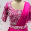 Designer Rani Pink Indo-Western Pleated Drape Saree with Cutwork Sleeves & Embellished Belt | Sangeet Outfit - Image 6