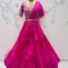 Designer Rani Pink Indo-Western Pleated Drape Saree with Cutwork Sleeves & Embellished Belt | Sangeet Outfit - Image 7