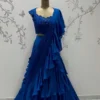 Designer Royal Blue 1-Minute Ready to Wear Saree with Cutwork Beaded Blouse | Bollywood Reception Ruffle Saree