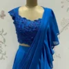 Designer Royal Blue 1-Minute Ready to Wear Saree with Cutwork Beaded Blouse | Bollywood Reception Ruffle Saree - Image 2