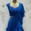 Designer Royal Blue 1-Minute Ready to Wear Saree with Cutwork Beaded Blouse | Bollywood Reception Ruffle Saree - Image 3