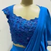 Designer Royal Blue 1-Minute Ready to Wear Saree with Cutwork Beaded Blouse | Bollywood Reception Ruffle Saree - Image 4