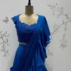Designer Royal Blue 1-Minute Ready to Wear Saree with Cutwork Beaded Blouse | Bollywood Reception Ruffle Saree - Image 8