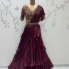 Designer Wine Indo-Western Draped Saree with Embroidered V-Neck Blouse & Belt | Sangeet & Cocktail Wear - Image 2