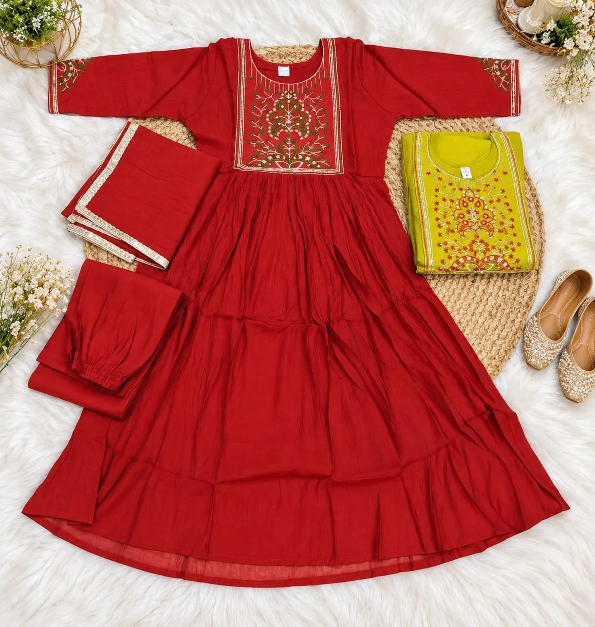 DEVIKA Mul Chanderi Flared Anarkali Suit Set | Intricate Embroidered Yoke Kurta with Pants & Gota Border Dupatta (3-Piece Festive Set)