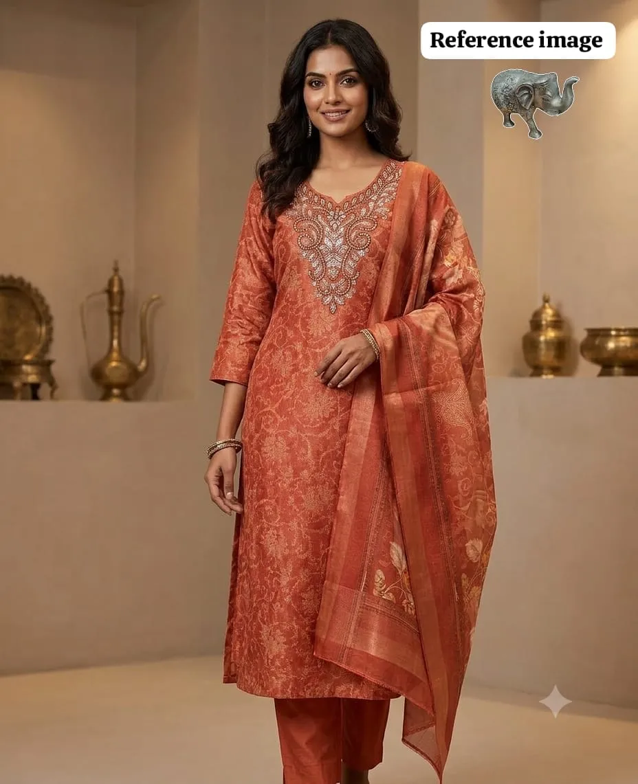 Digital Print Soft Silk Hand Work Kurti with Roman Silk Pant & Dupatta Set