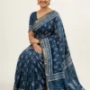 Dola Silk Block Print Sarees Wholesale | Traditional Indigo & Black Zari Border Saree with Blouse Piece