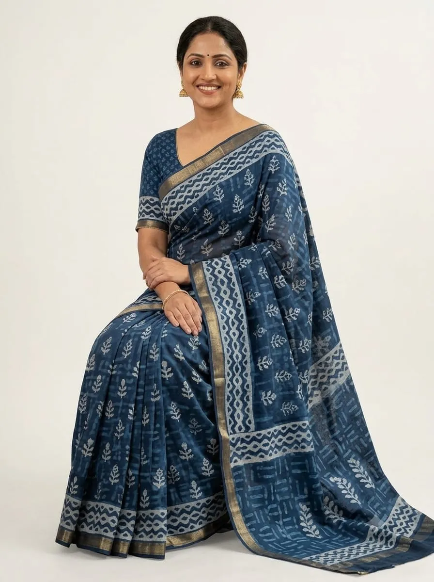 Dola Silk Block Print Sarees Wholesale | Traditional Indigo & Black Zari Border Saree with Blouse Piece