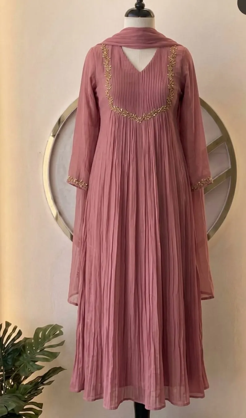 Dusty Rose Pleated Georgette Anarkali Suit Set