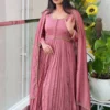 Dusty Rose Pleated Silk Anarkali Suit Set with Embroidered Dupatta | Festive Party Wear Dress