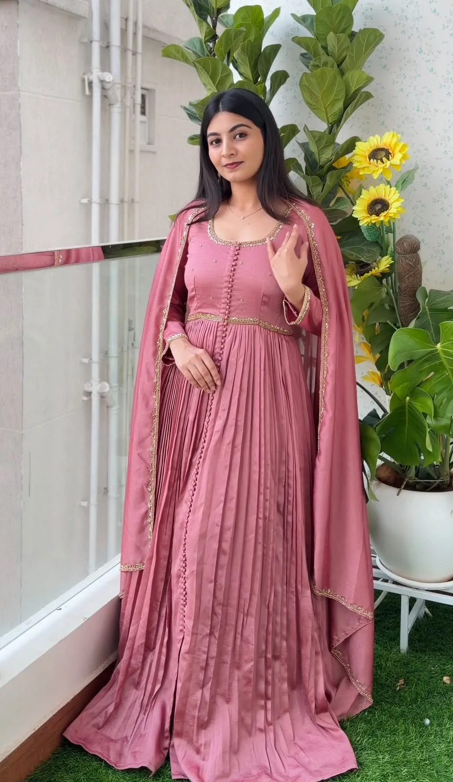 Dusty Rose Pleated Silk Anarkali Suit Set with Embroidered Dupatta | Festive Party Wear Dress