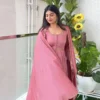 Dusty Rose Pleated Silk Anarkali Suit Set with Embroidered Dupatta | Festive Party Wear Dress - Image 2