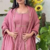 Dusty Rose Pleated Silk Anarkali Suit Set with Embroidered Dupatta | Festive Party Wear Dress - Image 3