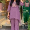 Embroidered Cotton Flax Co-Ord Set with Tassel Lace Work