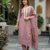 Embroidered Linen Kurti Pant Set with Floral Printed Dupatta