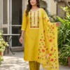 Embroidered Linen Kurti Pant Set with Floral Printed Dupatta - Image 2