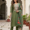 Embroidered Linen Kurti Pant Set with Floral Printed Dupatta - Image 4