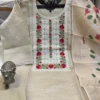 Embroidered Linen Kurti Pant Set with Floral Printed Dupatta - Image 7