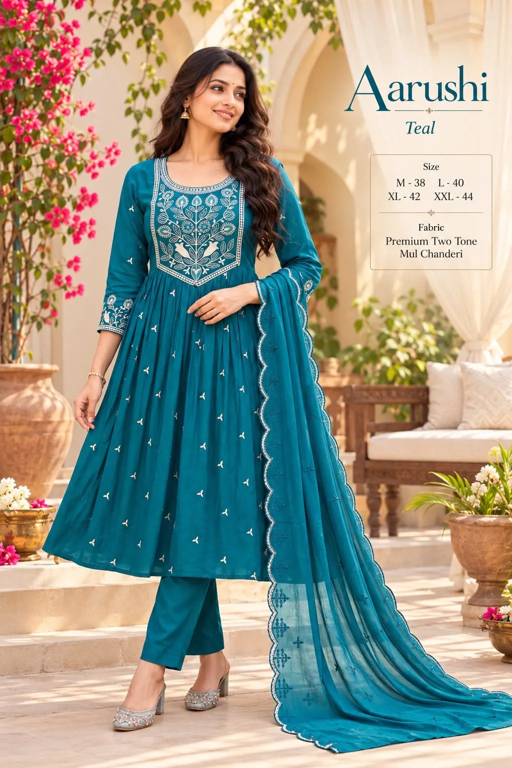 Embroidered Mul Chanderi Anarkali Kurta Pant with Scallop Dupatta Set | Readymade Festive 3-Piece Suit (M–XXL)