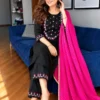 Embroidered Rayon Kurti Pant Set with Leheriya Kota Doria Dupatta