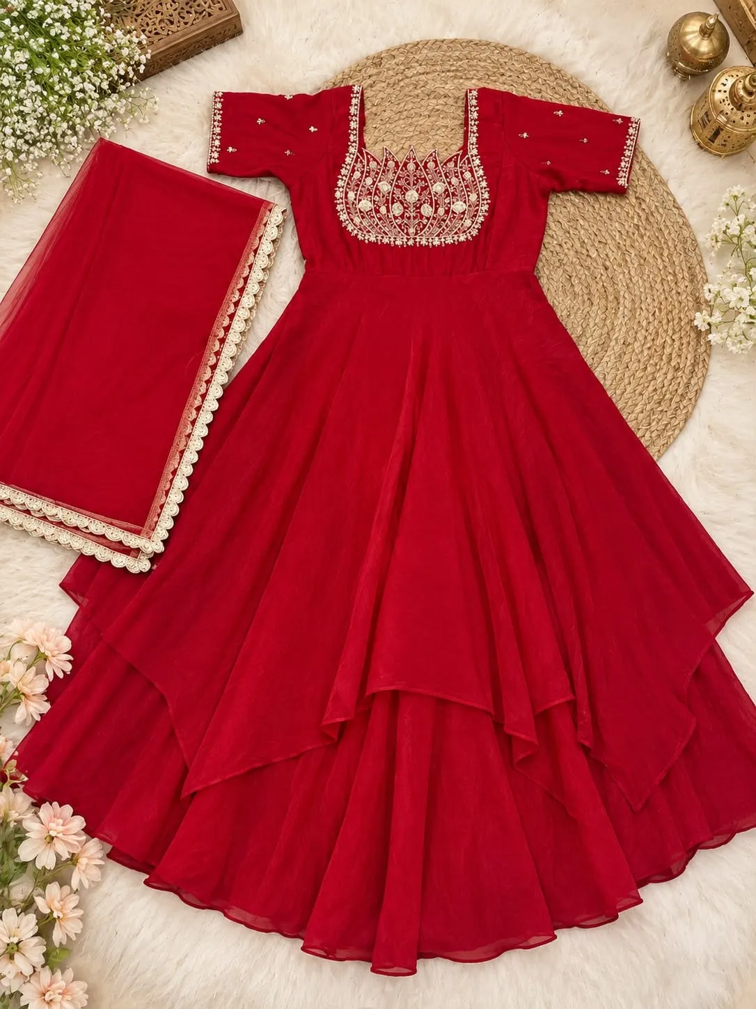 Fendi Crush Double Layered Anarkali Gown with Dupatta | Women Handwork Embroidered Festive Flared Long Gown Suit Set (50" Length)