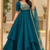 Fendi Crush Double Layered Anarkali Gown with Dupatta | Women Handwork Embroidered Festive Flared Long Gown Suit Set (50" Length) - Image 2